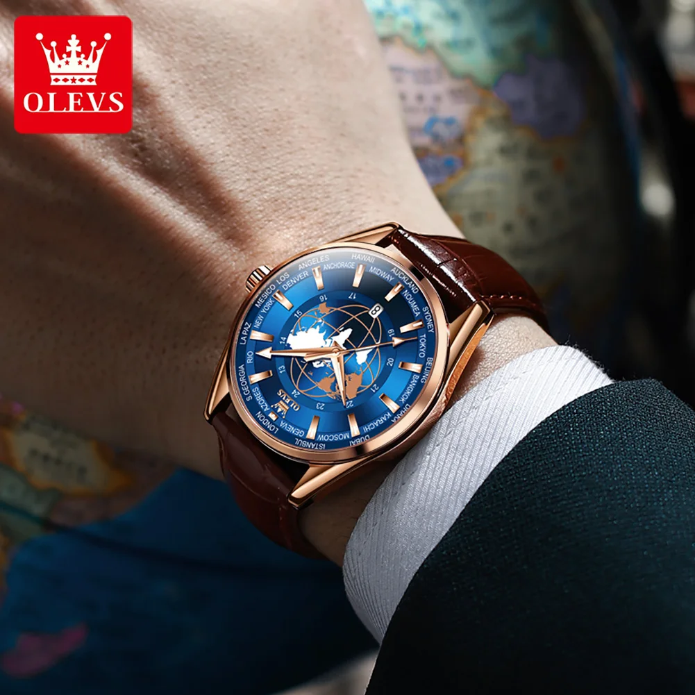 OLEVS Quartz Globe World Map Watch Leather Strap