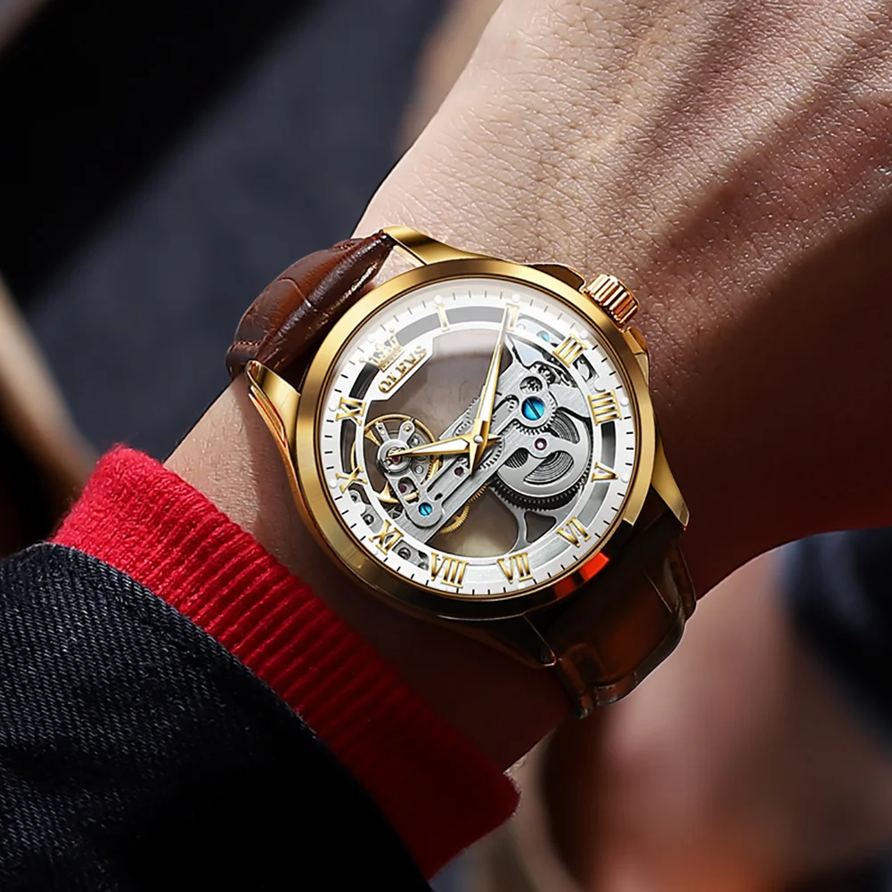 Men's Skeleton Watches Leather Strap OLEVS 6661