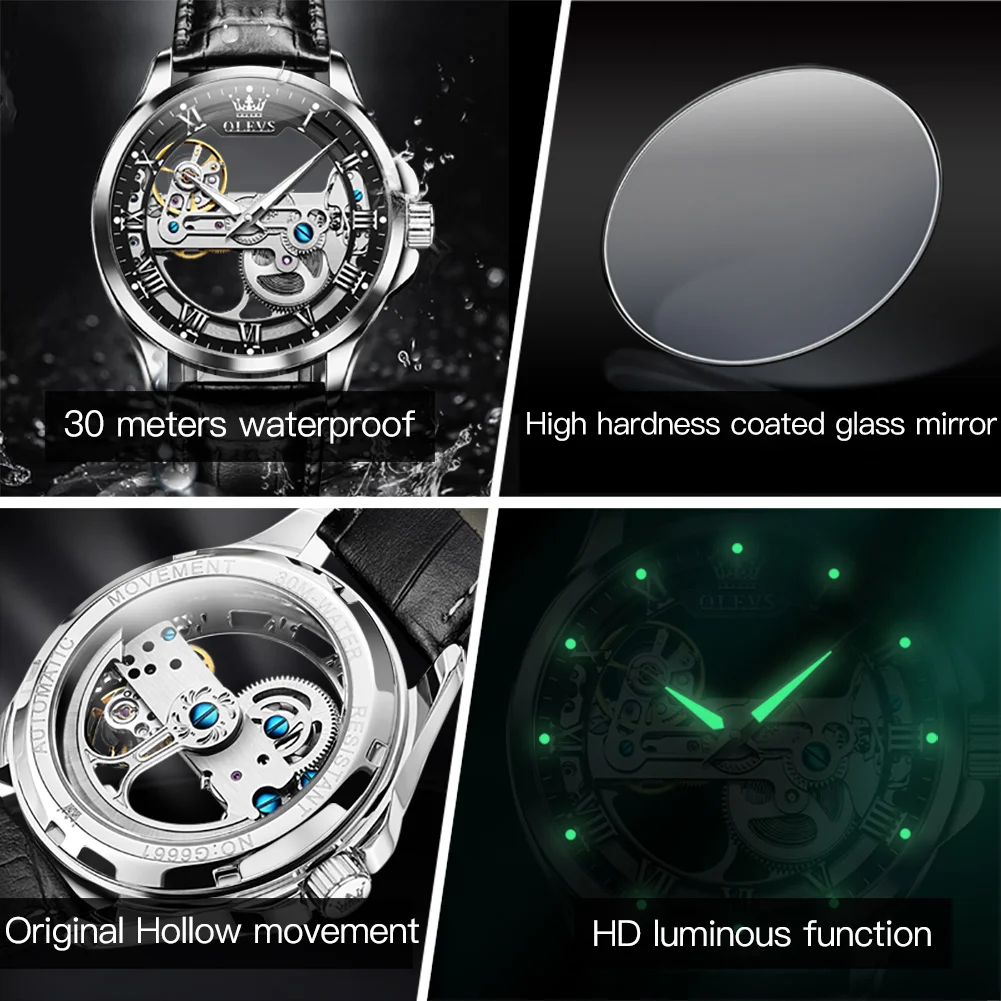 Men's Skeleton Watches Leather Strap OLEVS 6661