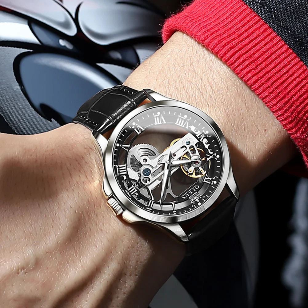 Men's Skeleton Watches Leather Strap OLEVS 6661