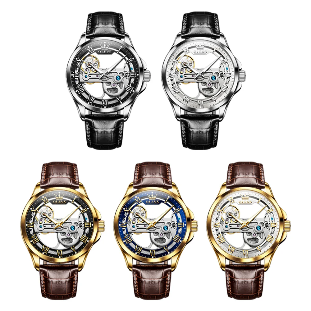 Men's Skeleton Watches Leather Strap OLEVS 6661