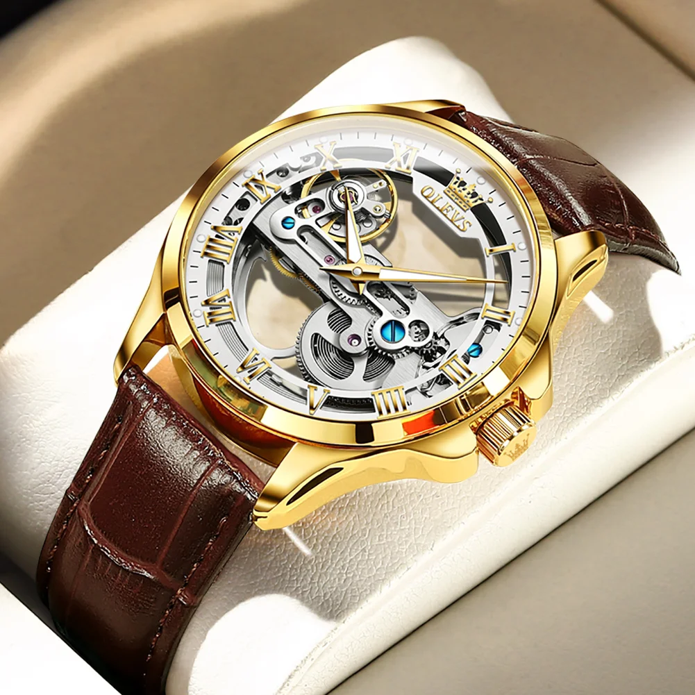 Men's Skeleton Watches Leather Strap OLEVS 6661