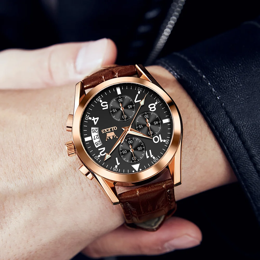 Chronograph Brown Leather Strap Classic Quartz Watch OLEVS 2878