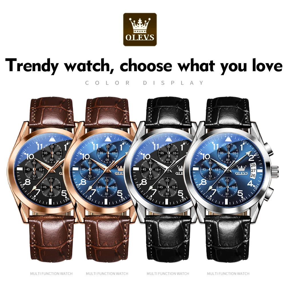 Chronograph Brown Leather Strap Classic Quartz Watch OLEVS 2878