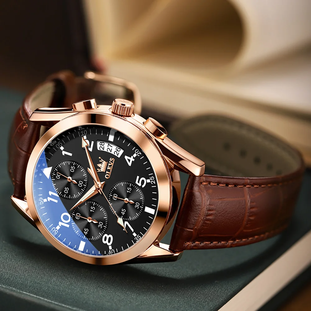 Chronograph Brown Leather Strap Classic Quartz Watch OLEVS 2878