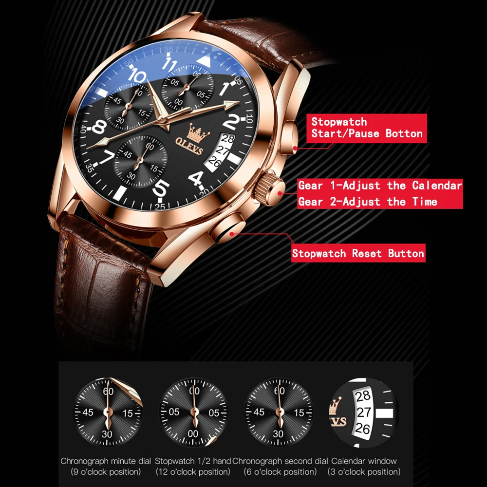 Chronograph Brown Leather Strap Classic Quartz Watch OLEVS 2878