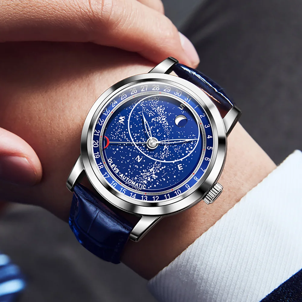 Moon Phase Watches Leather Strap OLEVS 9923