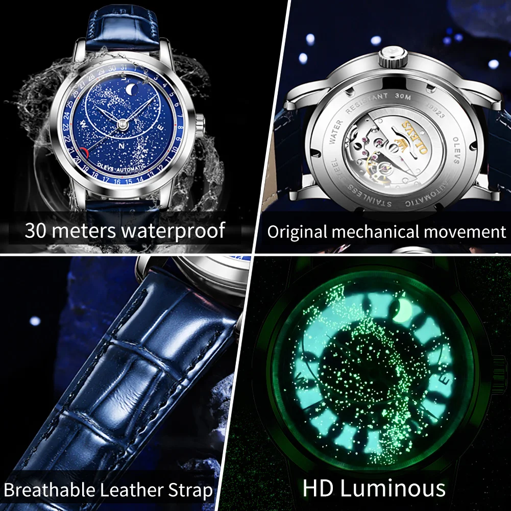 Moon Phase Watches Leather Strap OLEVS 9923