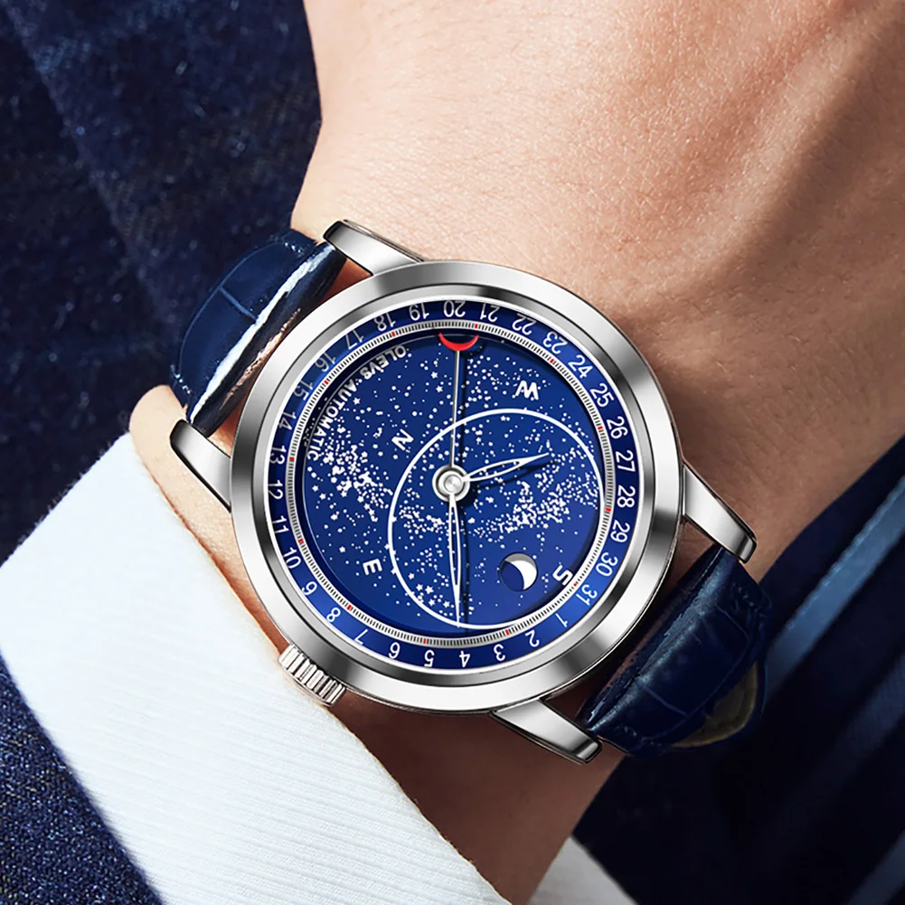 Moon Phase Watches Leather Strap OLEVS 9923