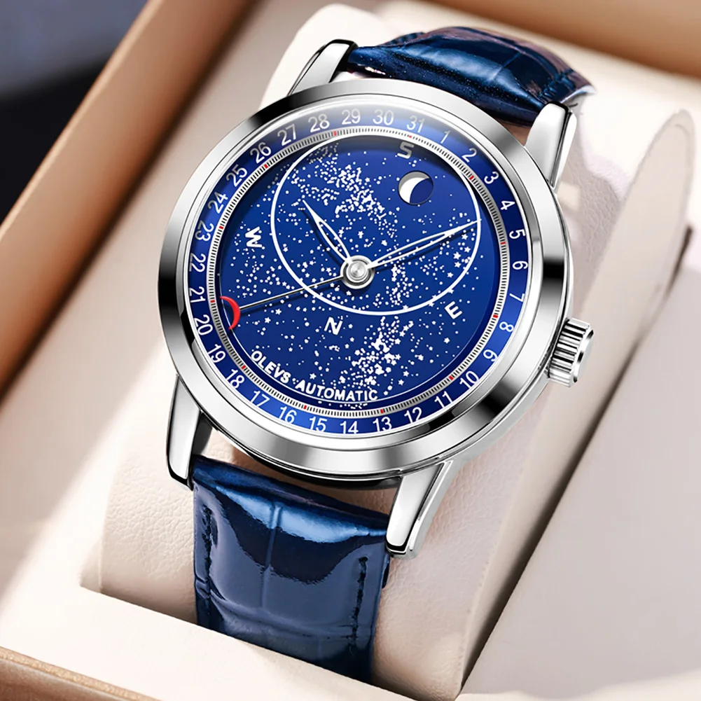 Moon Phase Watches Leather Strap OLEVS 9923