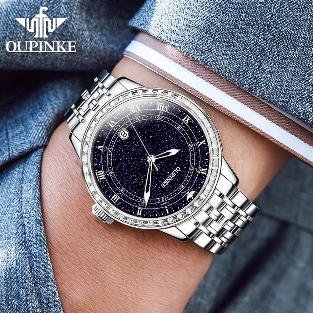 Men's Diamond Automatic Watch Gypsophila Dial OUPINKE 3203
