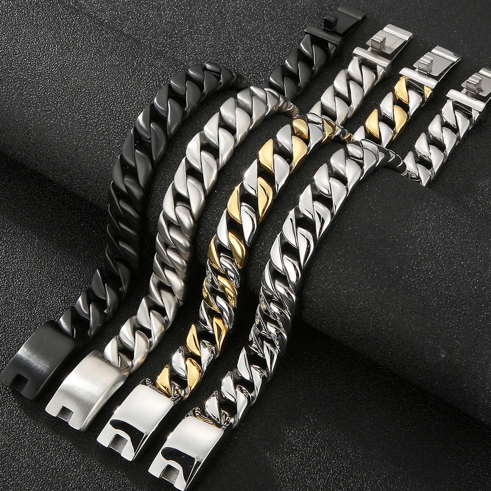 12mm Wide Stainless Steel Curb Chain Bracelet for Men