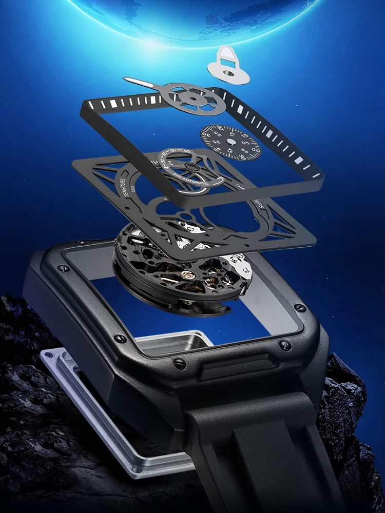 AILANG Men's Skeleton Square Watch Automatic Mechanical