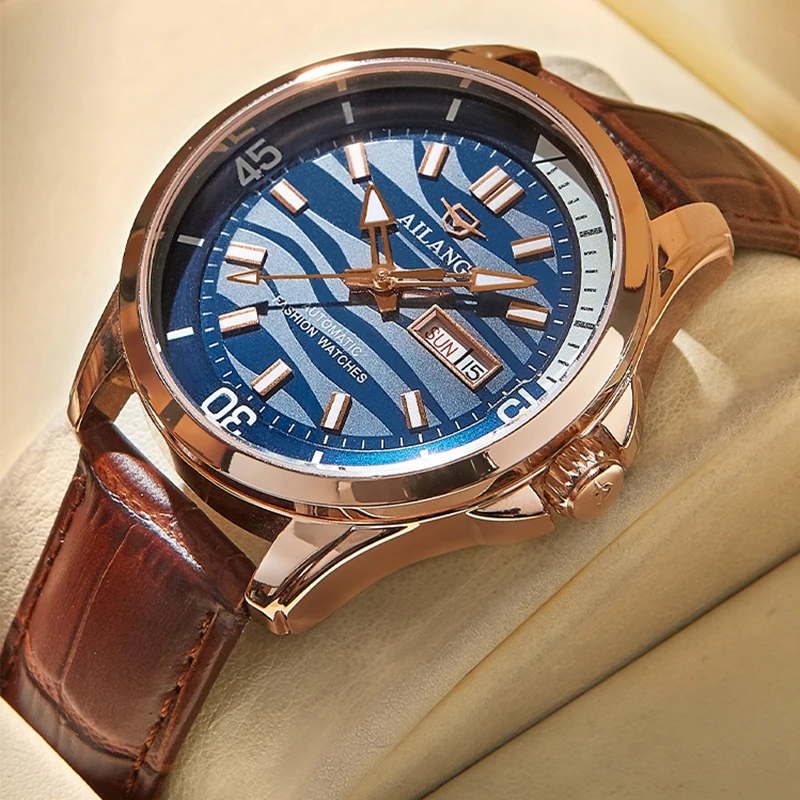 AILANG Men's Fashion Day-Date Wrist Watch Leather Strap