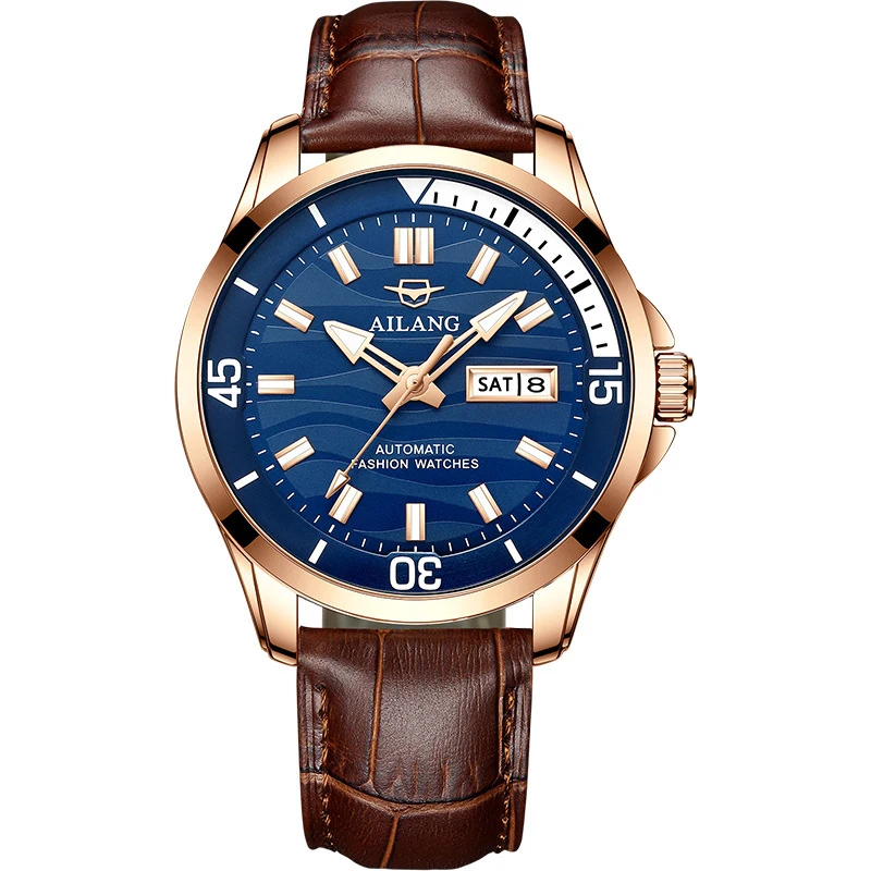 AILANG Men's Fashion Day-Date Wrist Watch Leather Strap