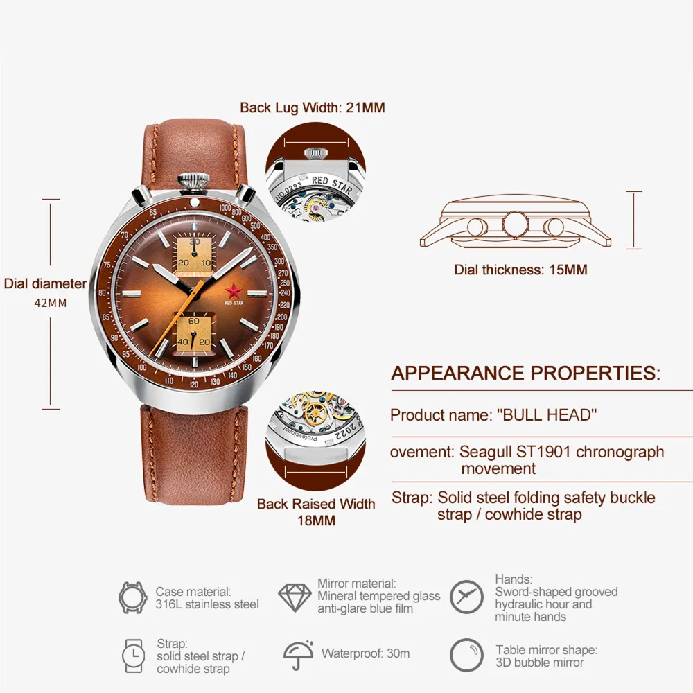 RED STAR Watch Bullhead Seagull ST1901 Chronograph