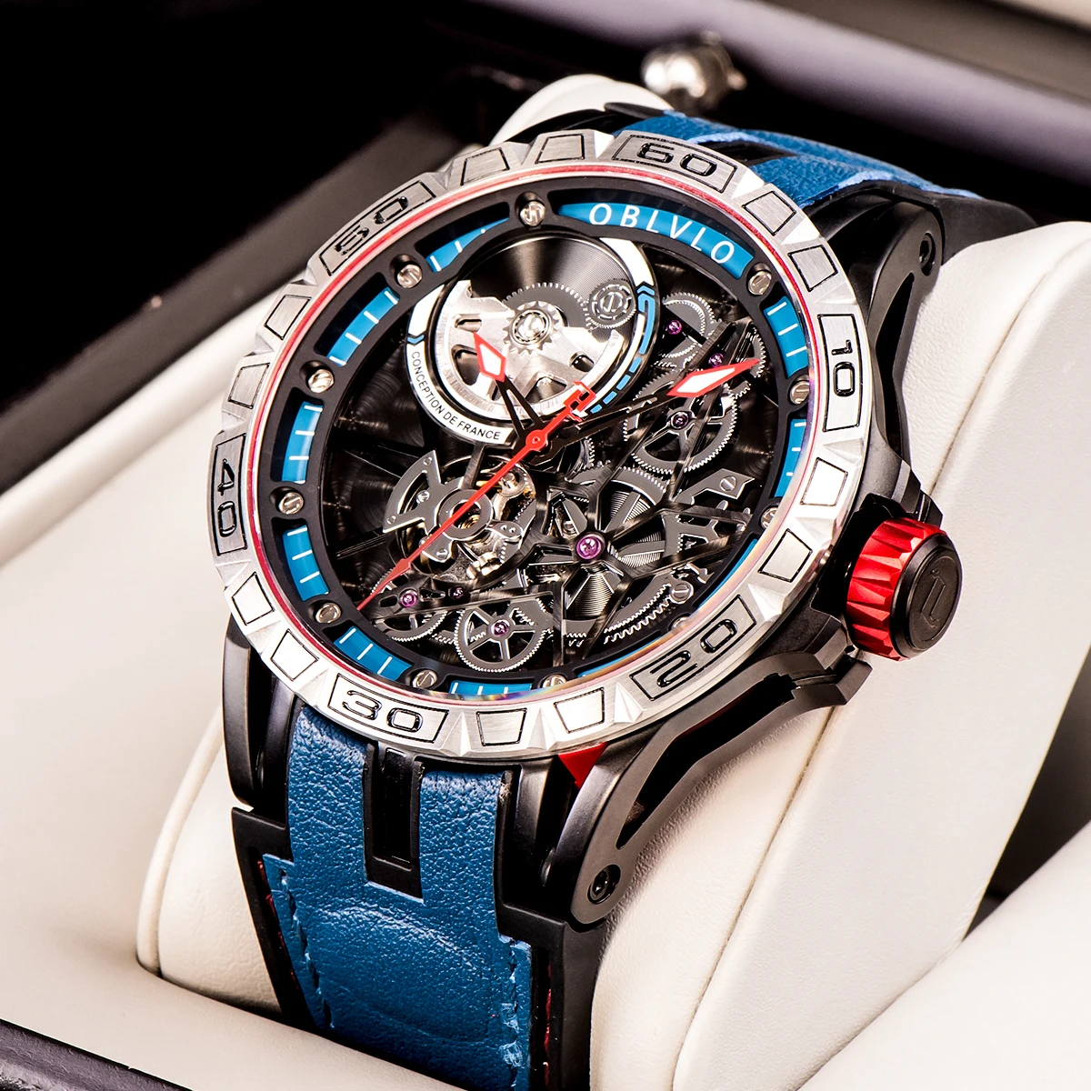OBLVLO Designer Sport Watch for Men Skeleton Dial
