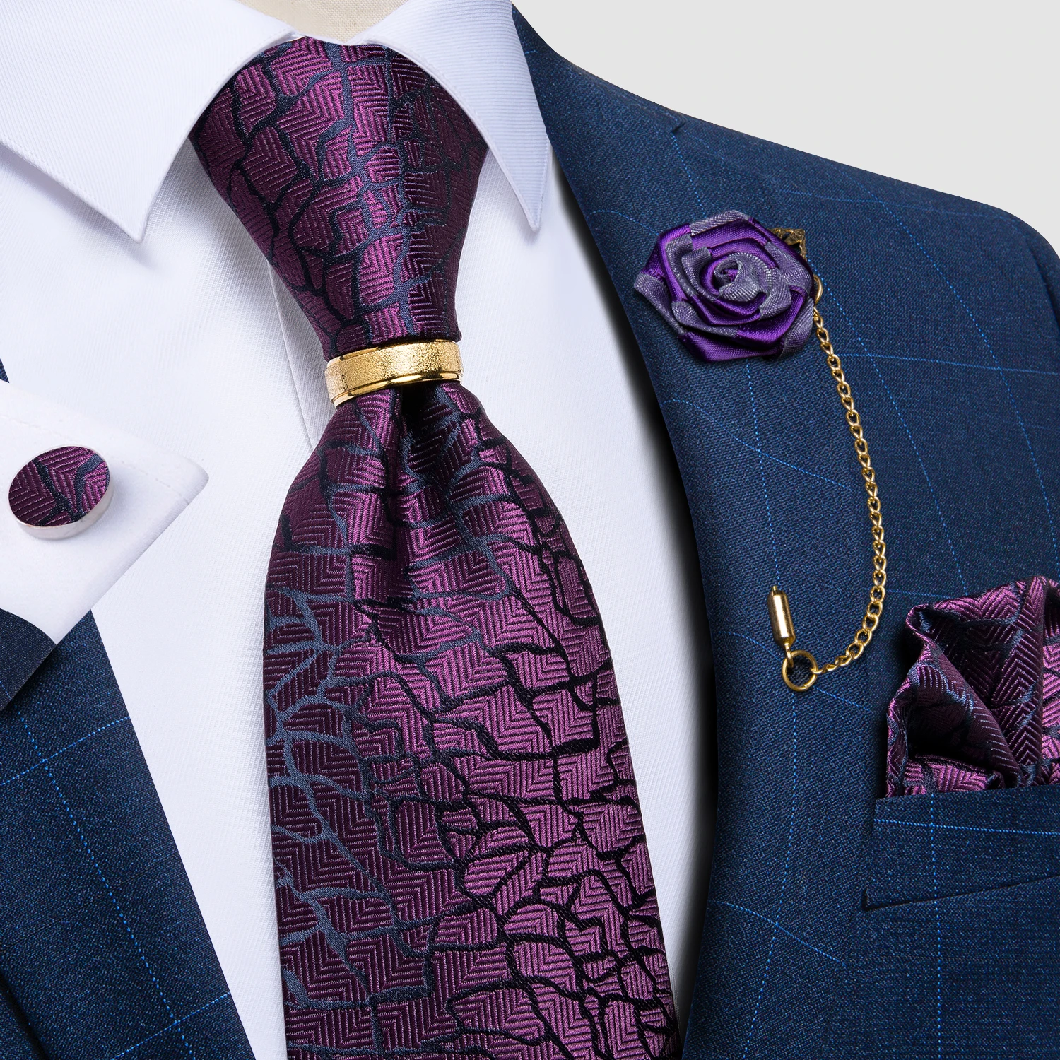 Men's Silk Neck Tie Handkerchief Cufflinks and Clip Set