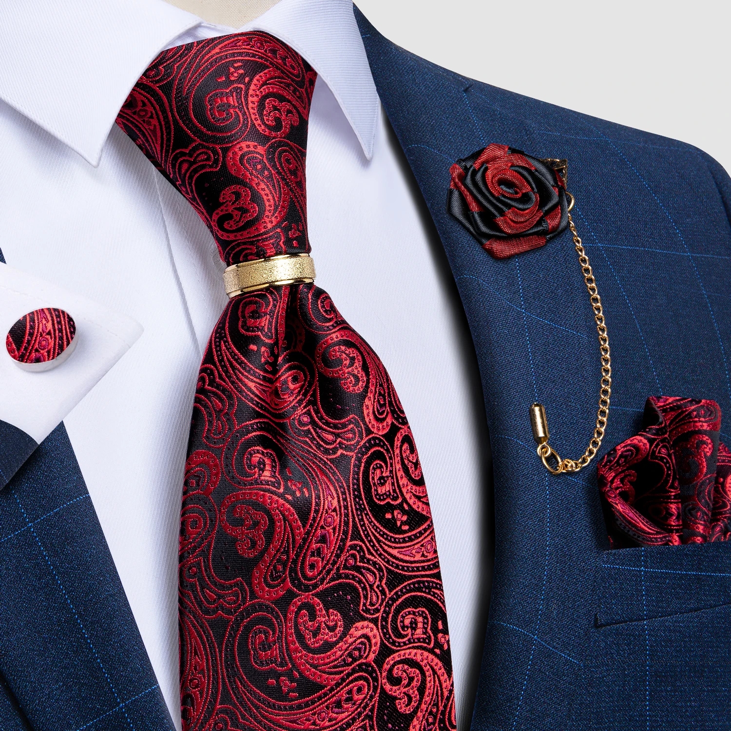 Men's Silk Neck Tie Handkerchief Cufflinks and Clip Set