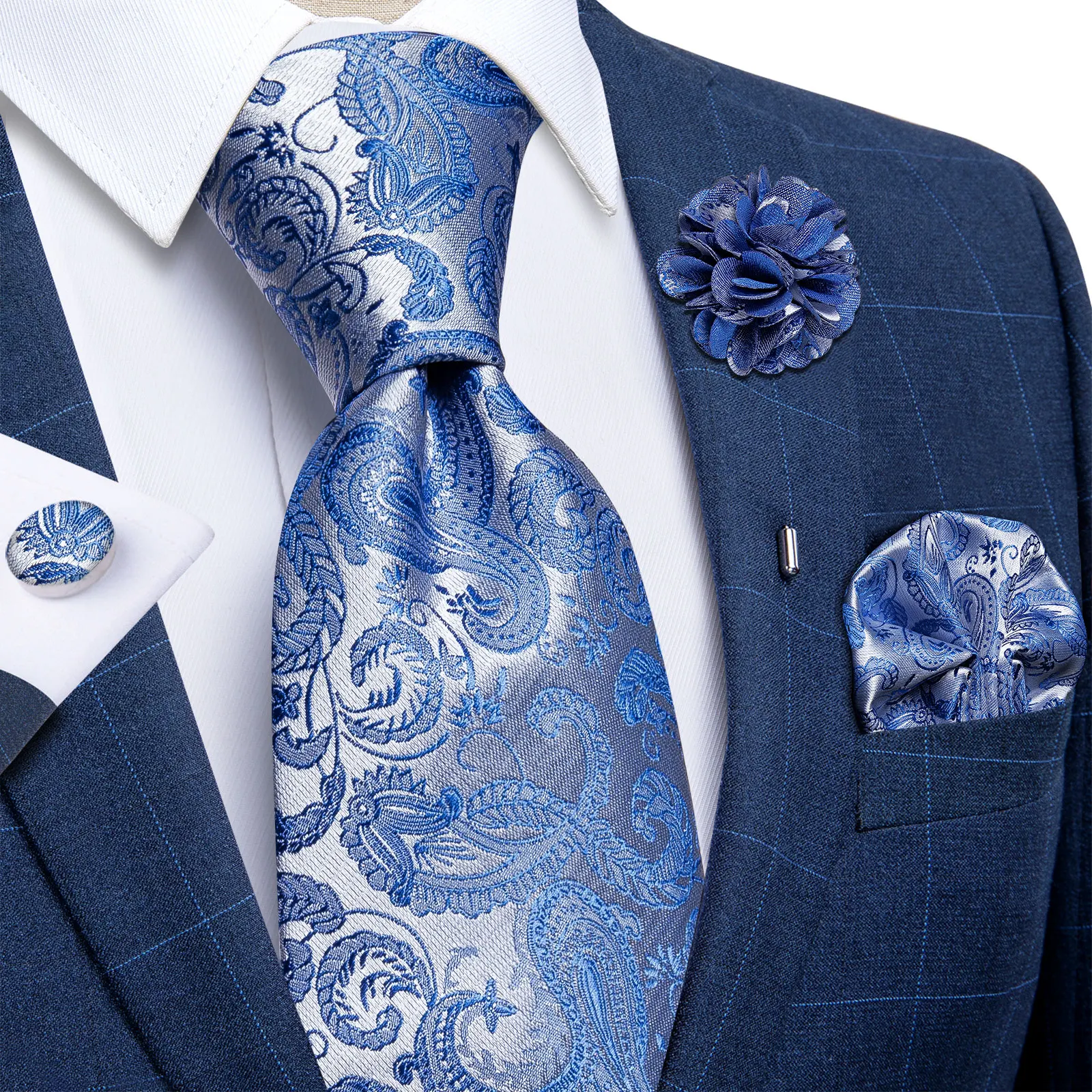 Classic Silk Necktie Set Pocket Square Cufflinks Brooch
