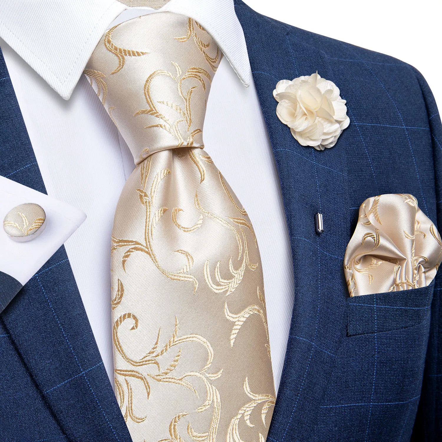 Classic Silk Necktie Set Pocket Square Cufflinks Brooch