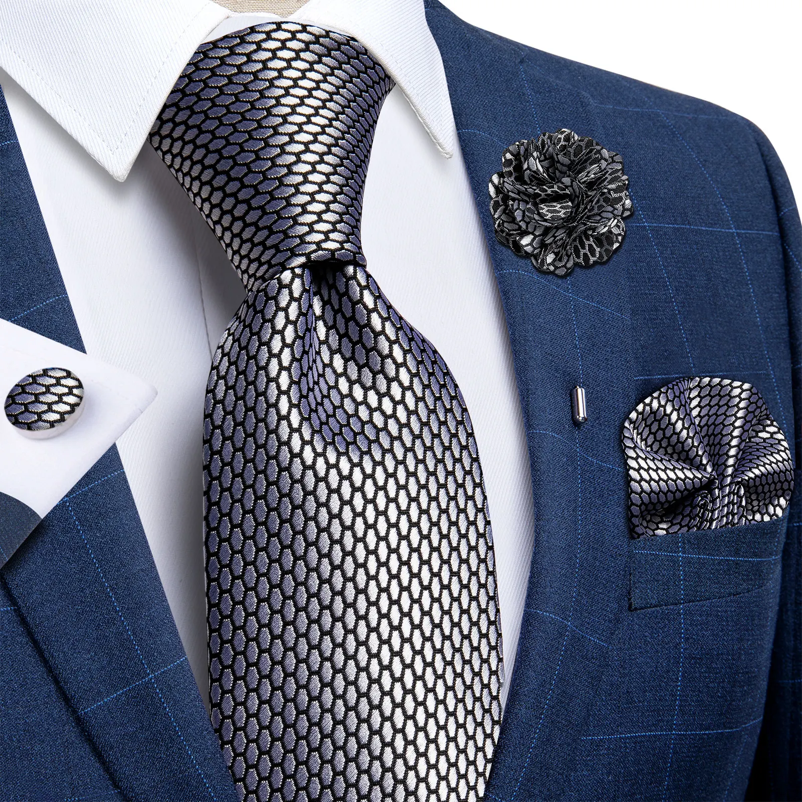 Classic Silk Necktie Set Pocket Square Cufflinks Brooch