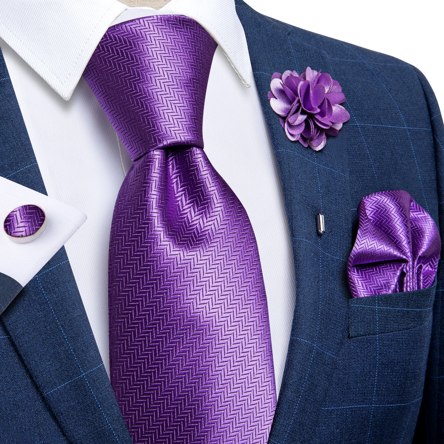 Classic Silk Necktie Set Pocket Square Cufflinks Brooch
