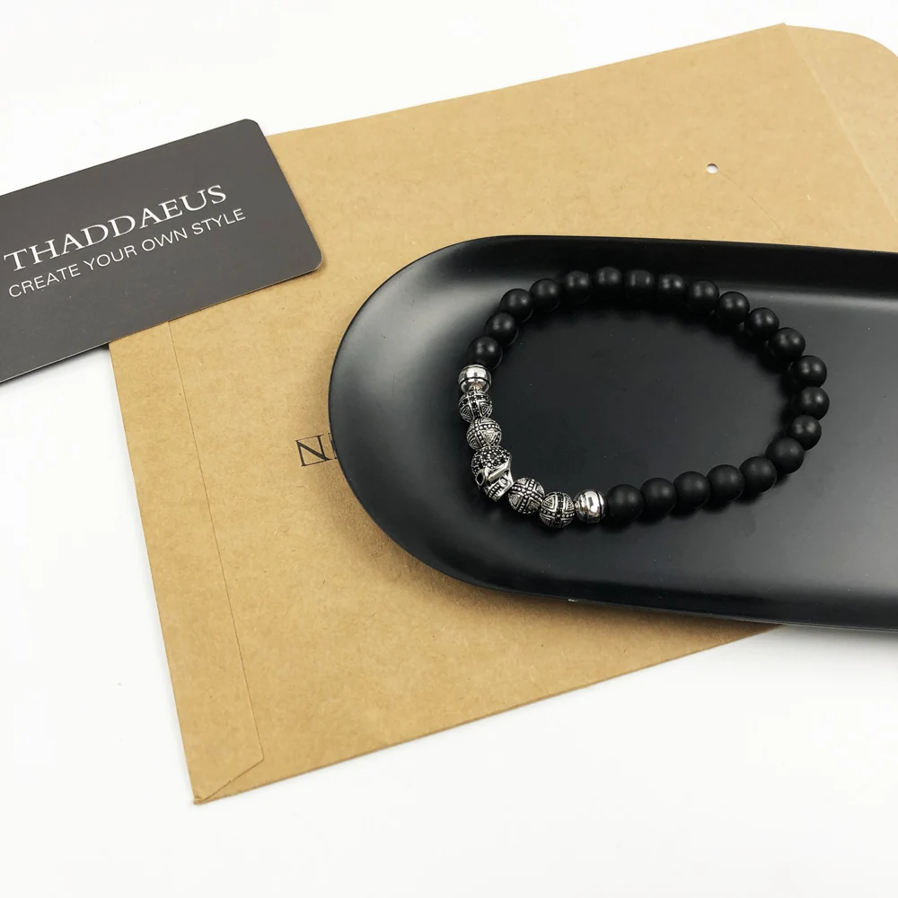 Sterling Silver Obsidian Beaded Bracelet Skull Cross