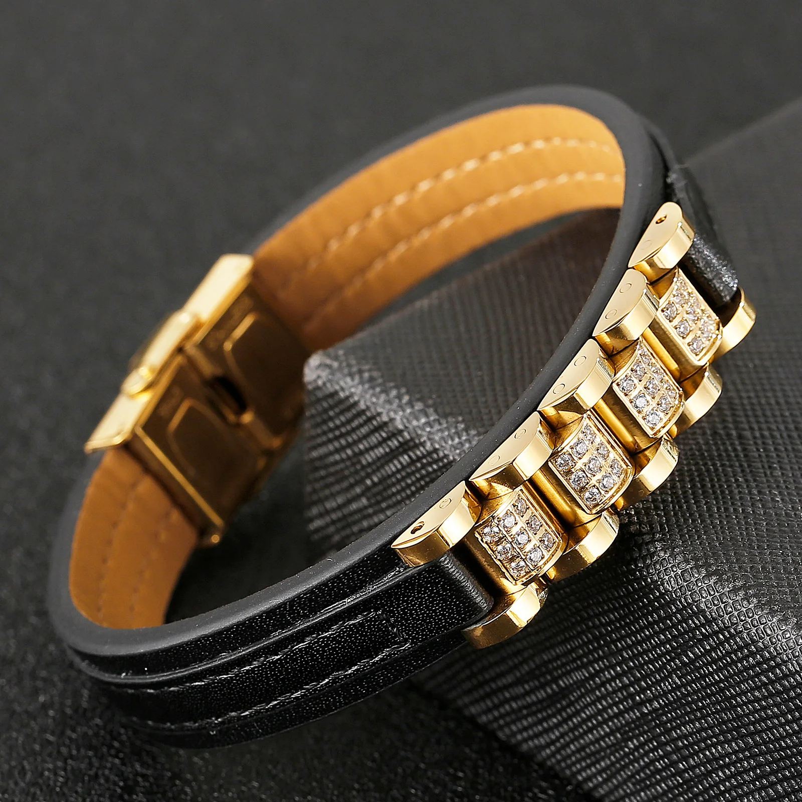 Men's Punk Style Leather Bracelet with Zircon Decoration