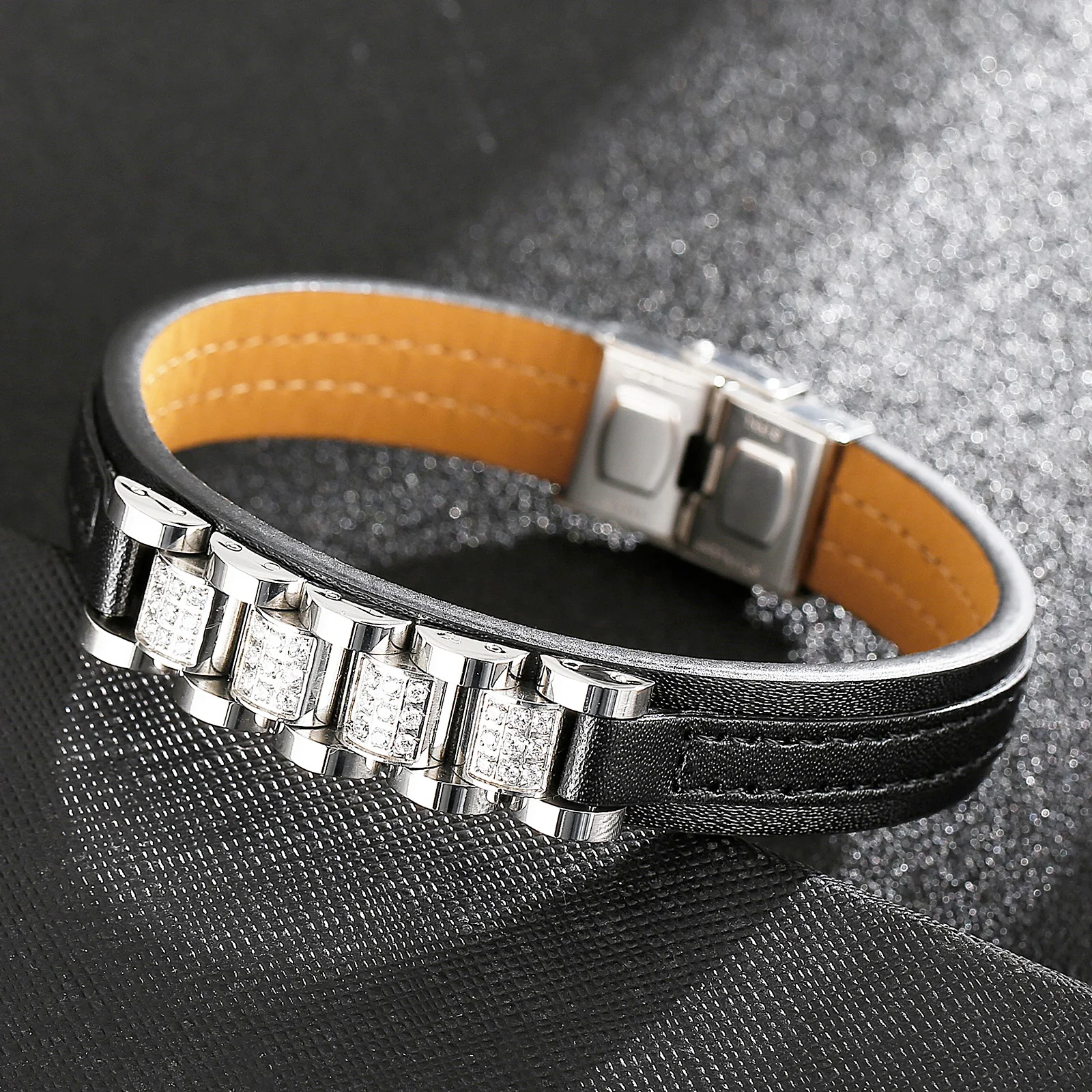 Men's Punk Style Leather Bracelet with Zircon Decoration