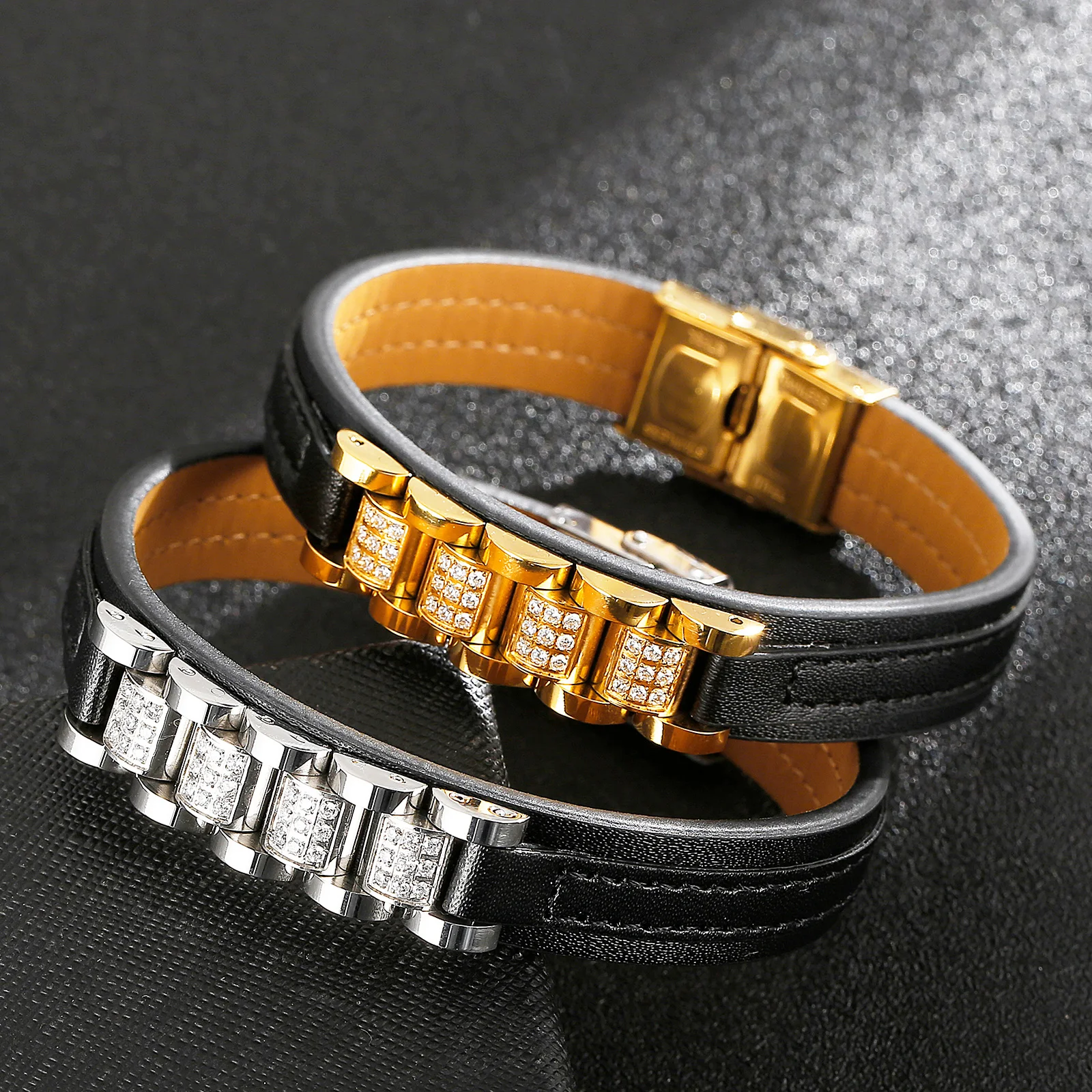 Men's Punk Style Leather Bracelet with Zircon Decoration