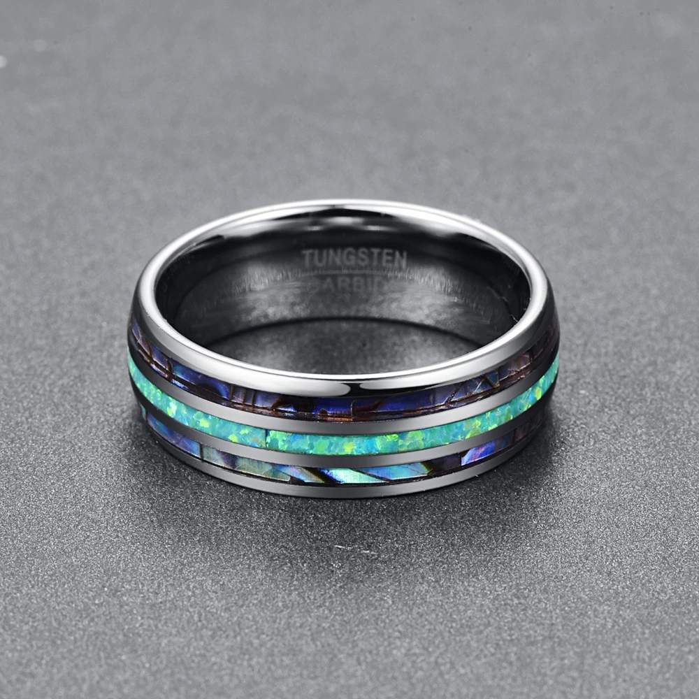 Blue Opal Abalone Shell Inlay Tungsten Ring