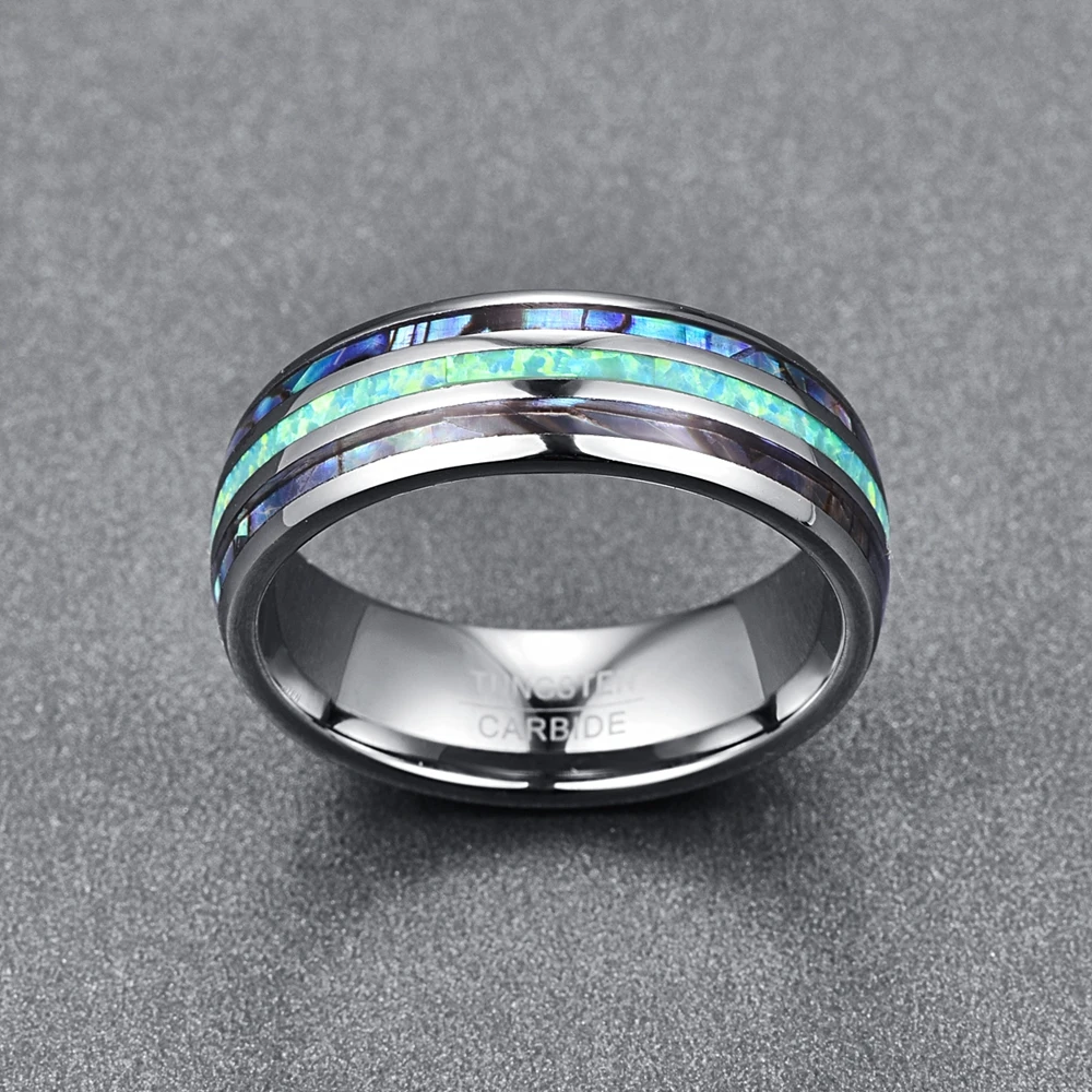 Blue Opal Abalone Shell Inlay Tungsten Ring