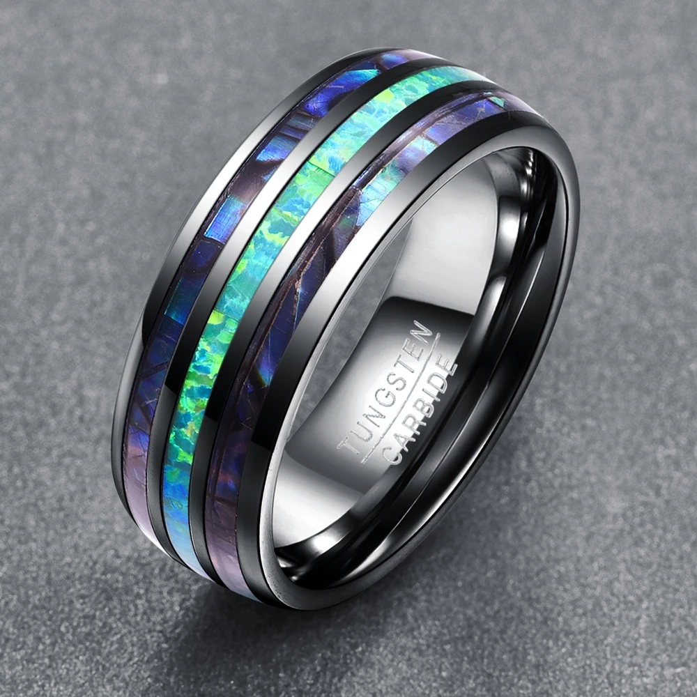 Blue Opal Abalone Shell Inlay Tungsten Ring