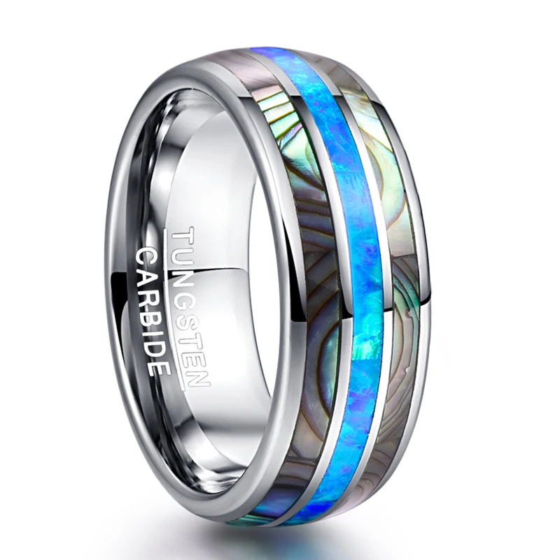 Blue Fire Opal and Shell Tungsten Carbide Rings