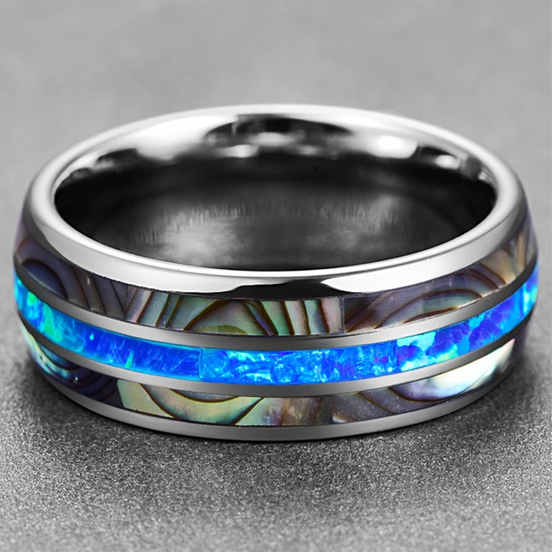 Blue Fire Opal and Shell Tungsten Carbide Rings