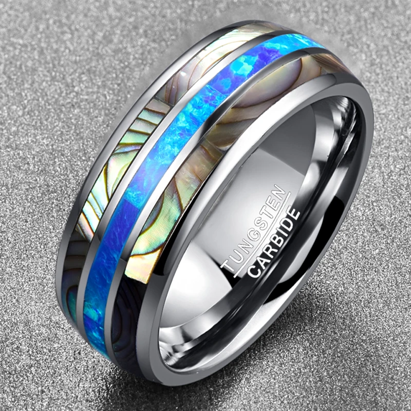 Blue Fire Opal and Shell Tungsten Carbide Rings