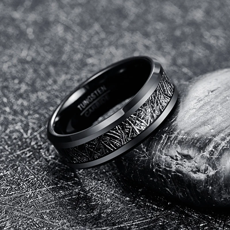 8mm Men's Tungsten Carbide Black Meteorite Ring