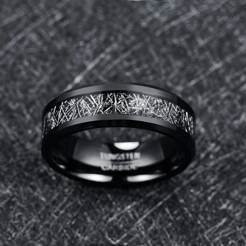 8mm Men's Tungsten Carbide Black Meteorite Ring