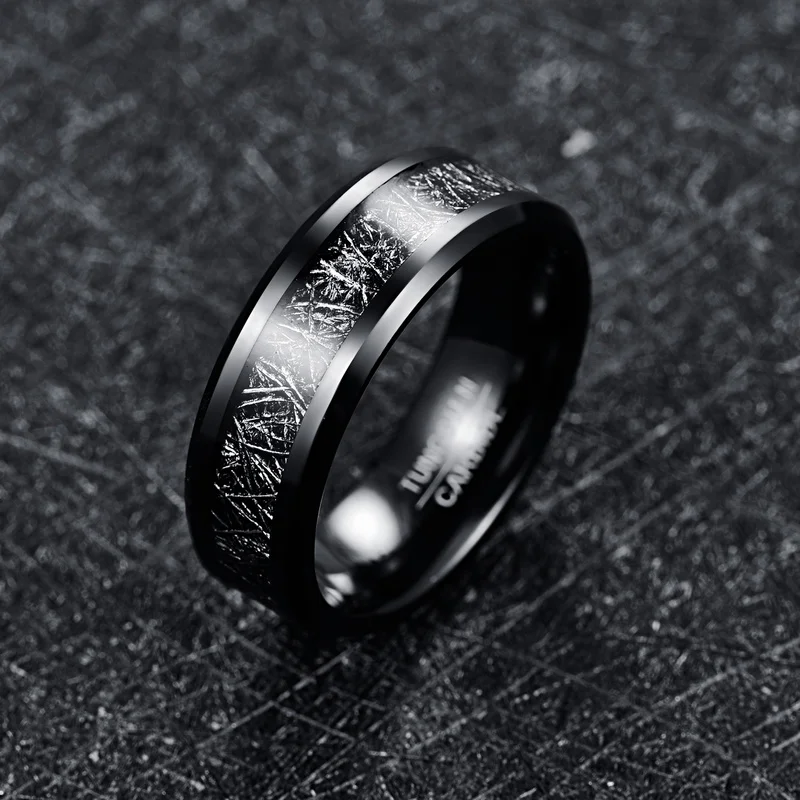 8mm Men's Tungsten Carbide Black Meteorite Ring