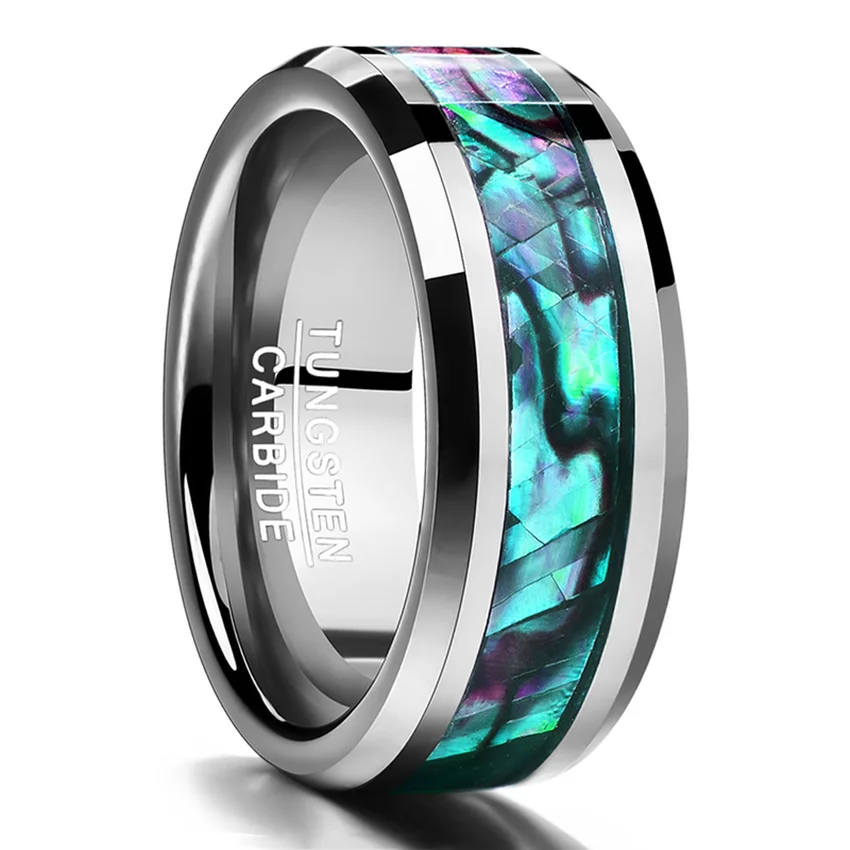 Inlaid Abalone Shell Beveled Tungsten Ring