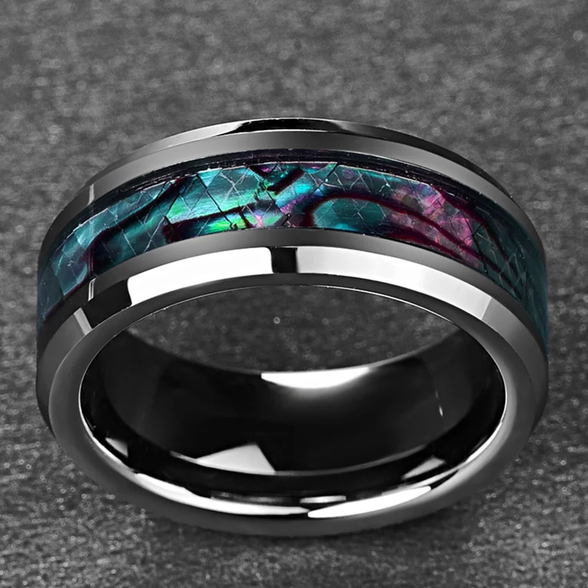 Inlaid Abalone Shell Beveled Tungsten Ring