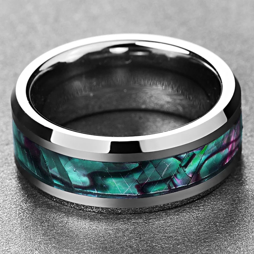 Inlaid Abalone Shell Beveled Tungsten Ring