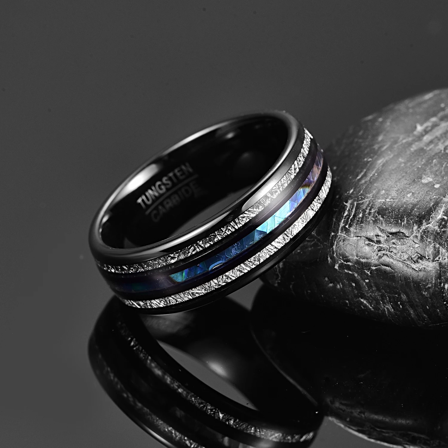 Meteorite Abalone Shell Dome Tungsten Ring