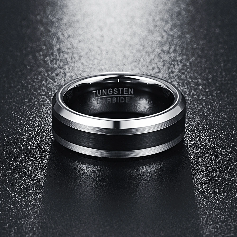 Brushed Silver and Black Tungsten Ring