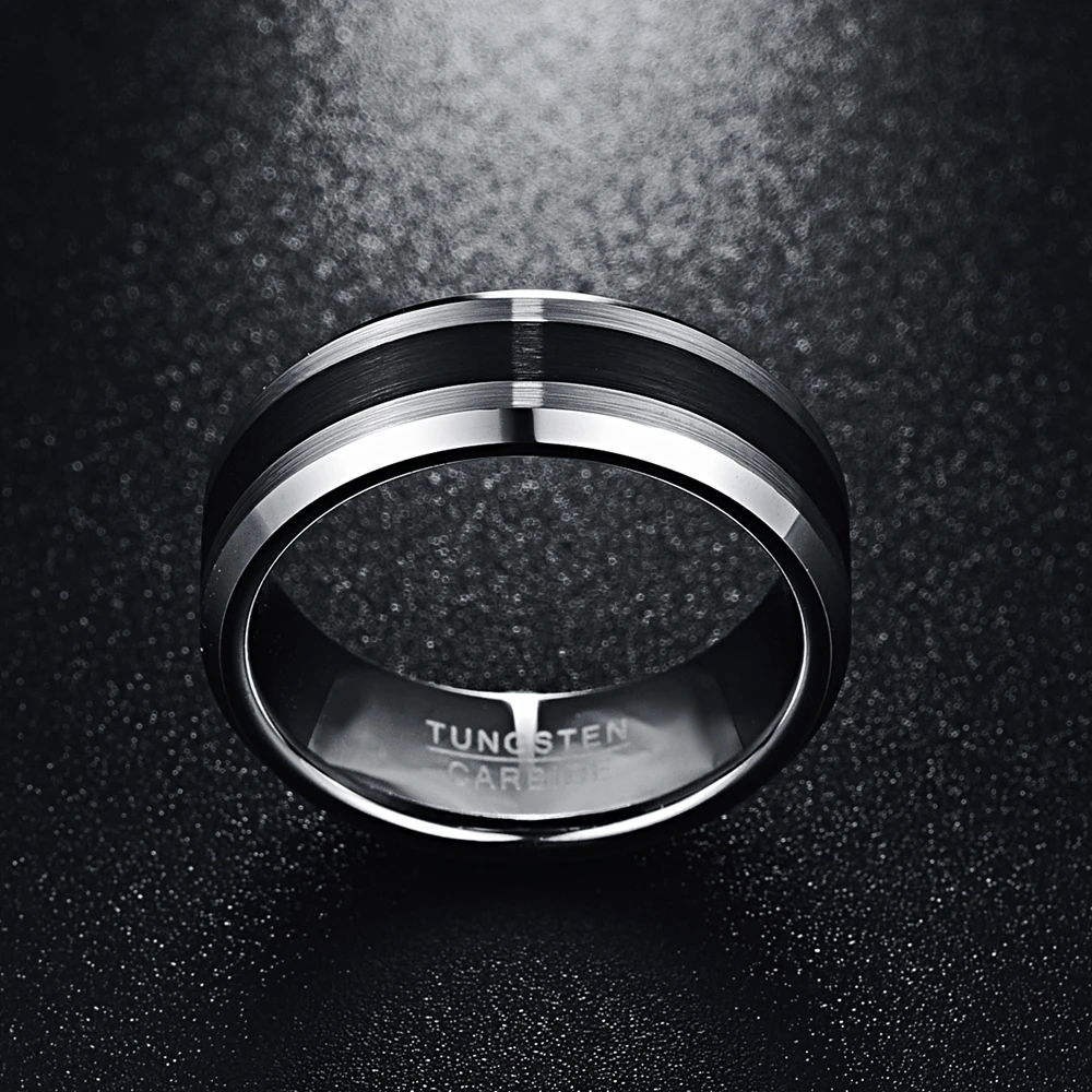 Brushed Silver and Black Tungsten Ring