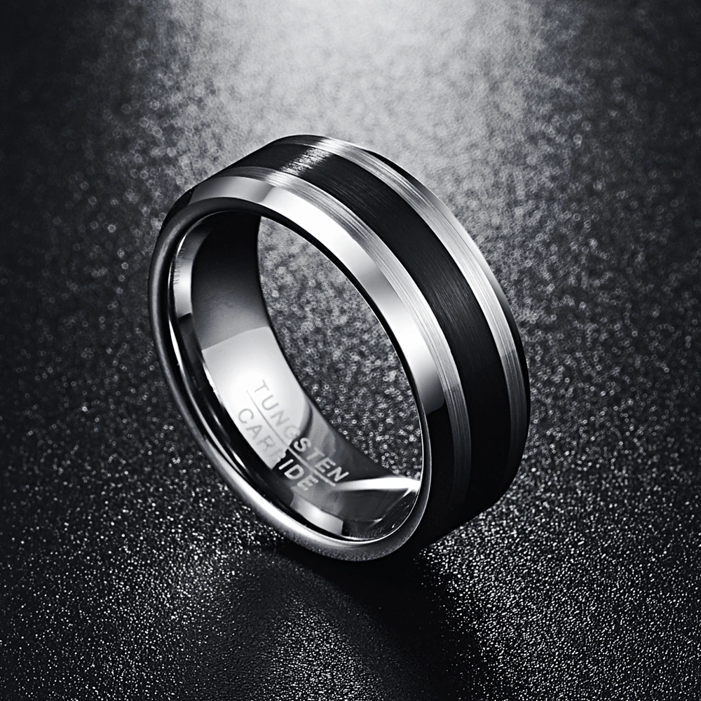 Brushed Silver and Black Tungsten Ring