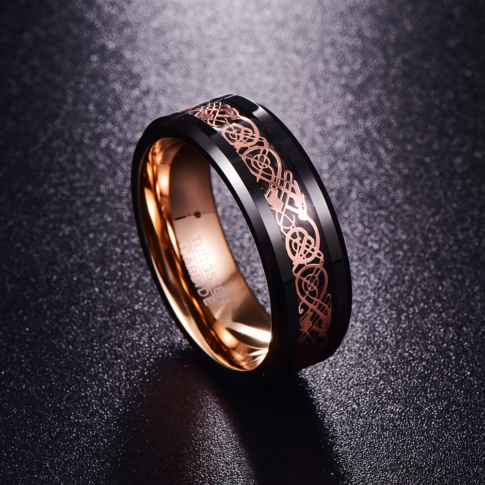8MM Rose Gold Dragon Pattern Tungsten Steel Men's Ring