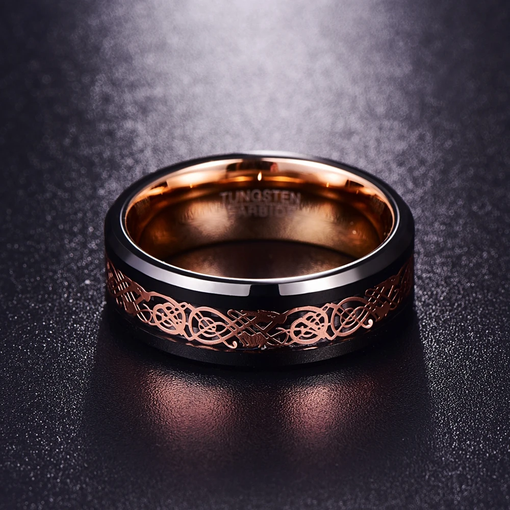 8MM Rose Gold Dragon Pattern Tungsten Steel Men's Ring