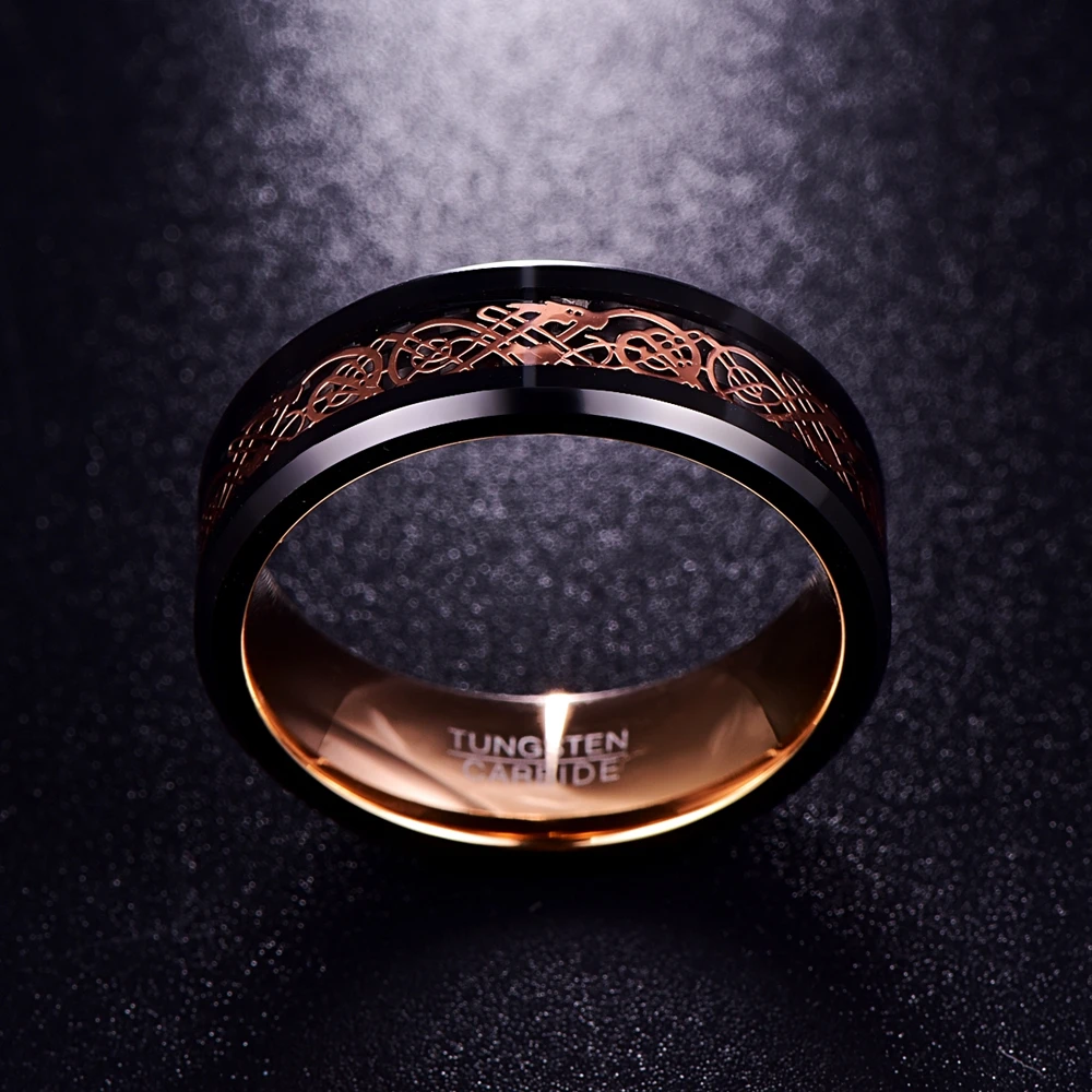 8MM Rose Gold Dragon Pattern Tungsten Steel Men's Ring